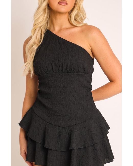 Rebellious Fashion Black One Shoulder Textured Flippy Playsuit