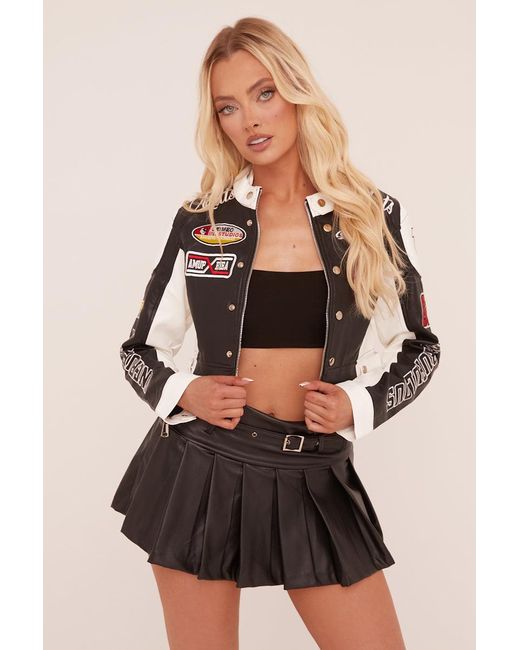 Rebellious Fashion Black Contrast Panel Faux Leather Motocross Jacket