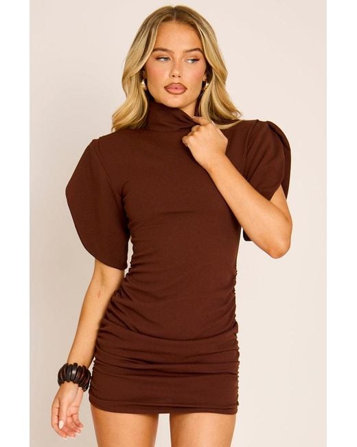 Rebellious Fashion Brown High Neck Ruched Mini Dress