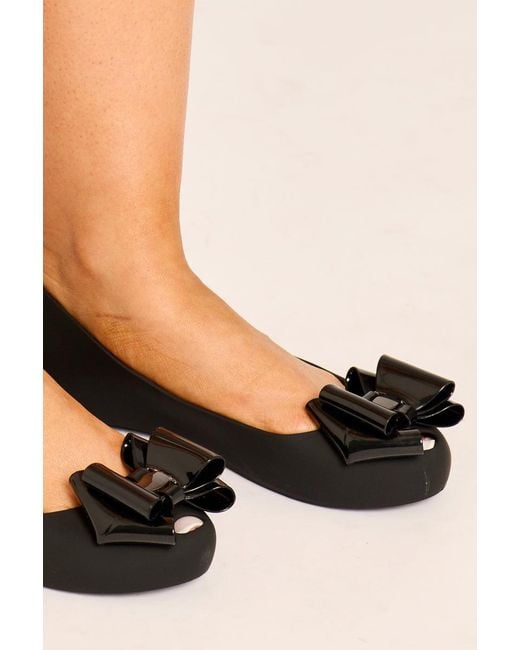 Rebellious Fashion Black Matte Bow Detail Jelly Ballet Flats