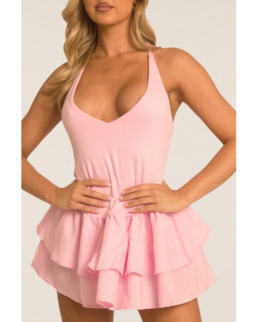 Rebellious Fashion Pink Frill Hem Halterneck Mini Dress