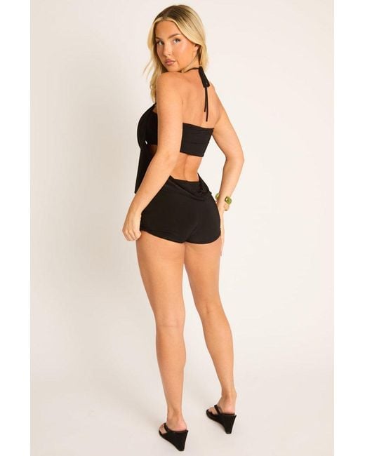 Rebellious Fashion Black Trim Cowl Halter Top And Shorts Co-Ord Set