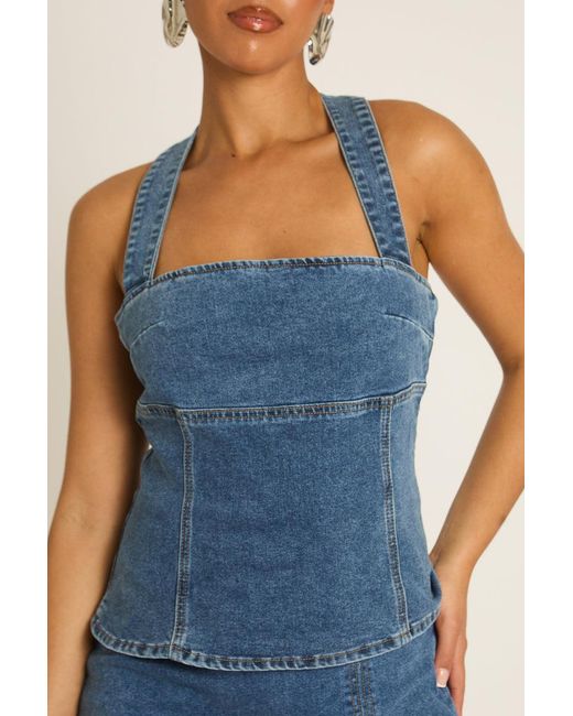 Rebellious Fashion Blue Mid Denim Seam Detail Top