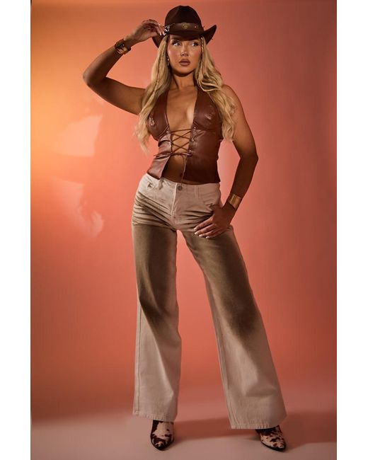 Rebellious Fashion Brown Tan Faux Leather Lace Front Halter Top