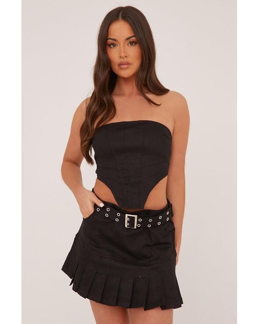 Rebellious Fashion Black Corset Detail Cropped Top & Pleated Mini Skirt Co-Ord Set