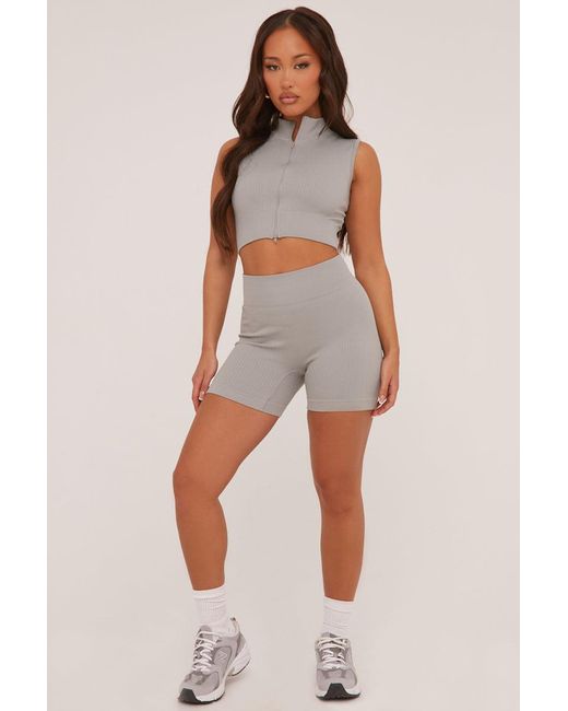 Rebellious Fashion Gray Zip Front Seamless Cropped Top & Shorts Co-Ord Set