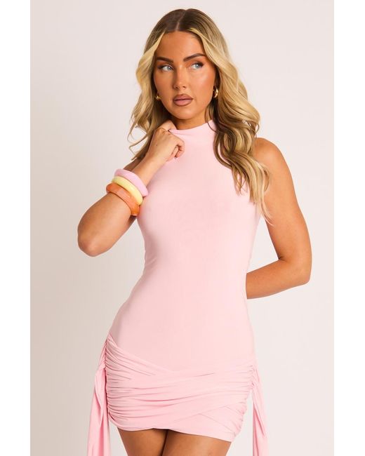 Rebellious Fashion Pink High Neck Wrap Detail Mini Dress