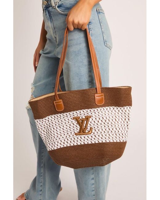 Rebellious Fashion Blue Logo Colour Block Woven Raffia Tote Bag