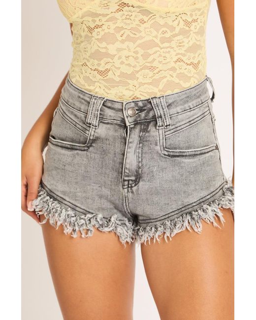 Rebellious Fashion Gray Acid Wash Denim Frayed Micro Shorts