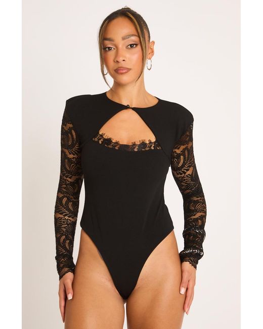 Rebellious Fashion Black Shoulder Pad Lace Long Sleeve Bodysuit
