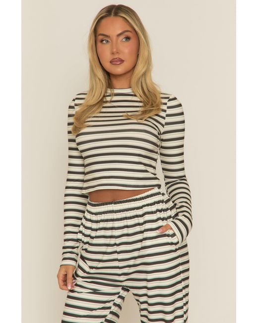 Rebellious Fashion Natural Striped Jersey Top And Trouser Loungewear Co-Ord Set