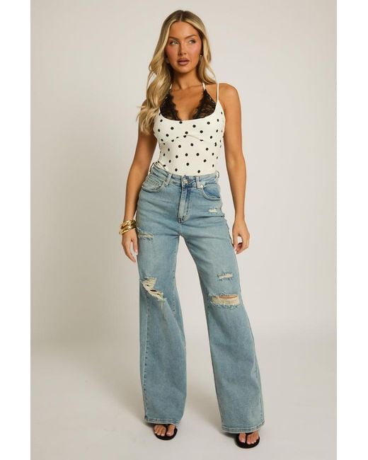 Rebellious Fashion Blue Lace Trim Halter Bodysuit