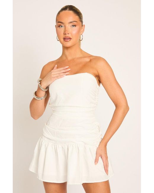 Rebellious Fashion Natural Poplin Ruched Bandeau Mini Dress