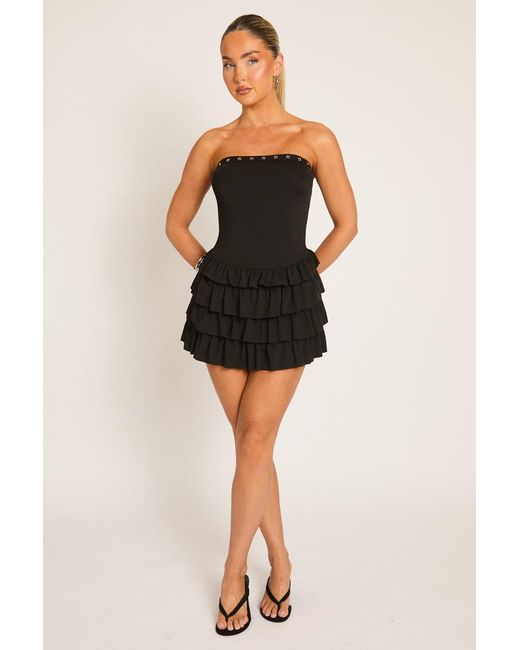 Rebellious Fashion Black Eyelet Detail Bandeau Frill Mini Dress