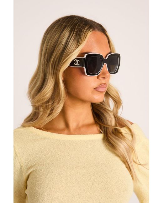 Rebellious Fashion Brown Logo Detail Contrast Trim Square Sunglasses