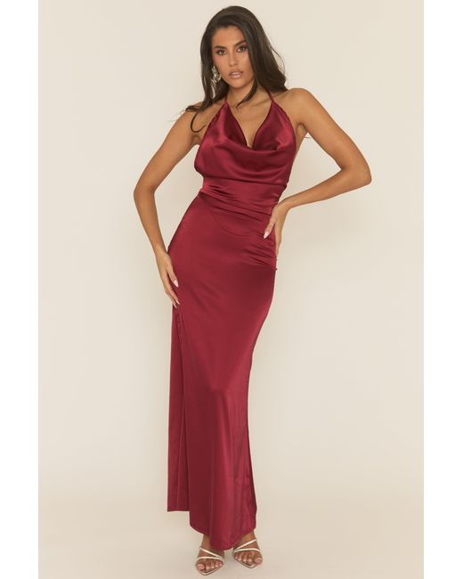 Rebellious Fashion Red Satin Cowl Neck Maxi Dress