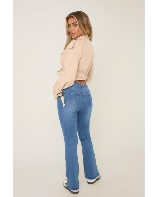 Rebellious Fashion Blue Bright Stretch Mid Waist Kick Flare Denim Jeans