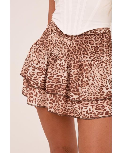 Rebellious Fashion Brown Leopard Print Shirring Detail Tiered Mini Skirt