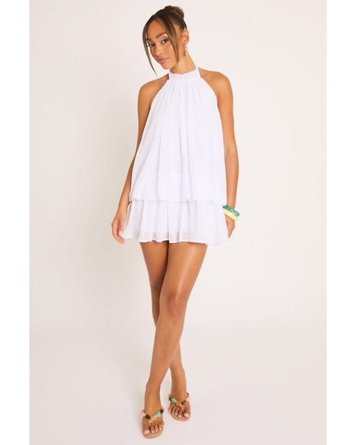 Rebellious Fashion White Halterneck Blouson Mini Dress