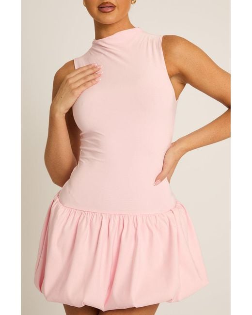 Rebellious Fashion Pink High Neck Puffball Mini Dress