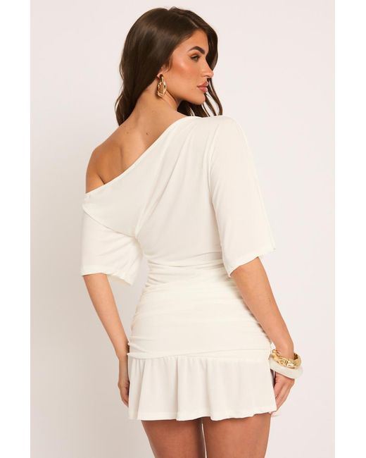 Rebellious Fashion Natural Cream Slouchy Off Shoulder Mini Dress