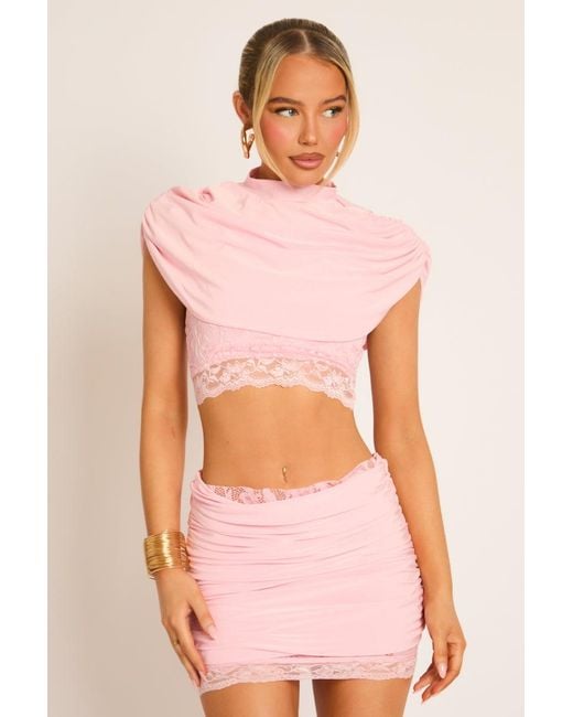 Rebellious Fashion Pink Lace Trim Cape Top And Mini Skirt Co-Ord Set