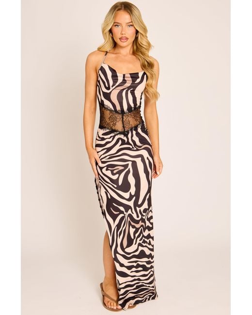 Rebellious Fashion Natural Zebra Print Lace Insert Cowl Neck Maxi Dress