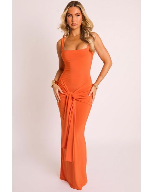 Rebellious Fashion Orange Square Neck Tie Front Maxi Dress