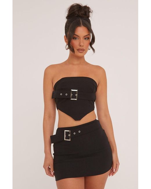 Rebellious Fashion Black Bandeau Belt Detail Cropped Top & Mini Skirt Co-Ord Set