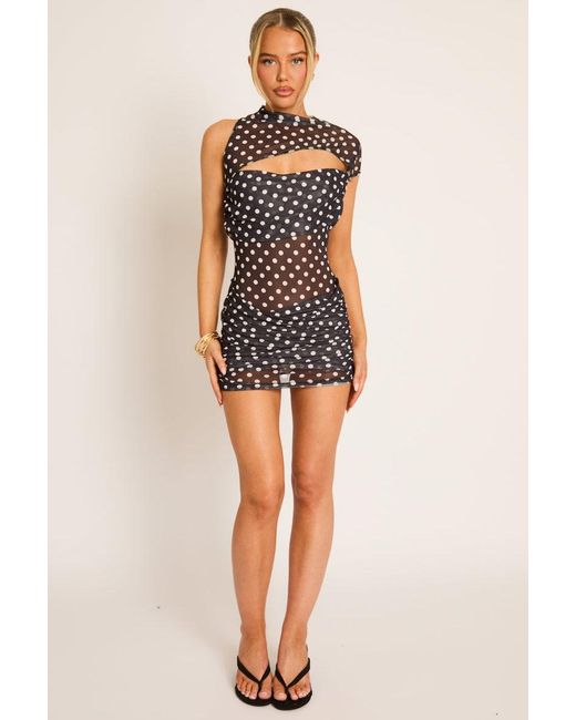 Rebellious Fashion Black One Shoulder Drape Mesh Mini Dress