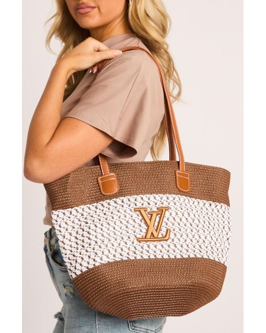 Rebellious Fashion Blue Logo Colour Block Woven Raffia Tote Bag