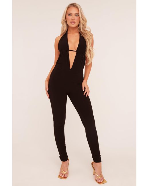 Rebellious Fashion Black Plunge Halter Neck Jumpsuit