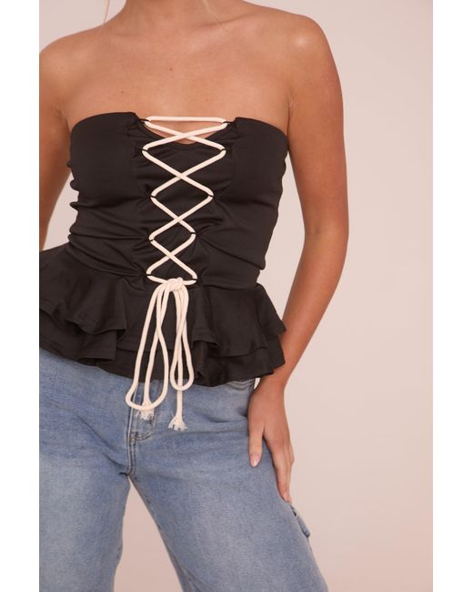 Rebellious Fashion Black Bandeau Lace Up Detail Peplum Top