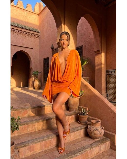 Rebellious Fashion Orange Deep Plunge Blouson Mini Dress