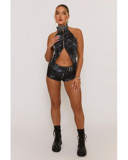Rebellious Fashion Multicolor Acid Wash Buckle Detail Micro Short