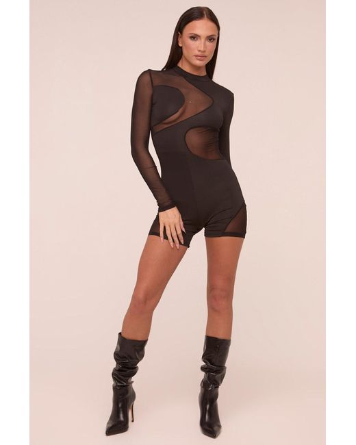 Rebellious Fashion Brown Mesh Panel High Neck Long Sleeves Playsuit