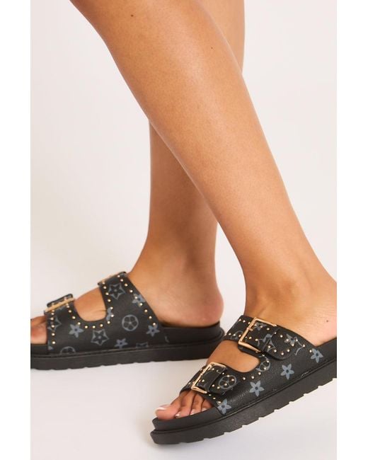 Rebellious Fashion Black Faux Leather Logo Monogram Studded Sandals