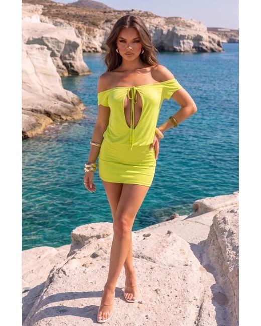 Rebellious Fashion Yellow Off Shoulder Keyhole Tie Front Mini Dress