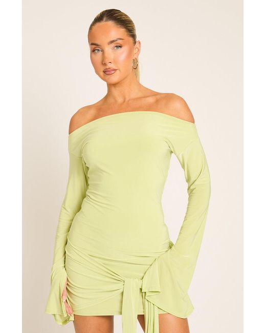 Rebellious Fashion Yellow Long Flared Sleeves Drape Detail Bodycon Mini Dress