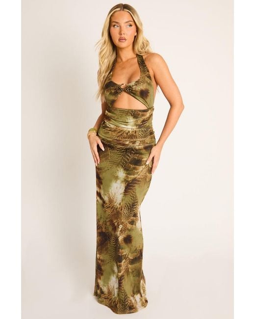 Rebellious Fashion Metallic Abstract Animal Print Cut Out Halter Maxi Dress