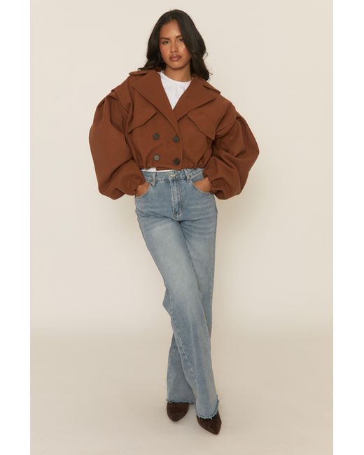 Rebellious Fashion Brown Wool Look Double Breasted Cropped Trench Coat