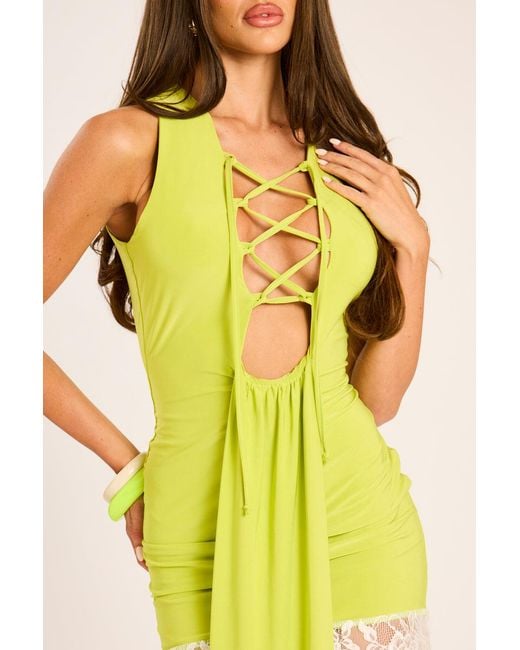 Rebellious Fashion Yellow Lace Detail Drape Mini Dress
