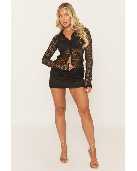 Rebellious Fashion Black Lace Button Front Shirt And Mini Skirt Co-Ord Set