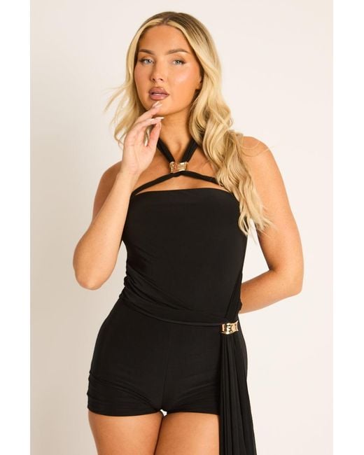 Rebellious Fashion Black Trim Drape Detail Halterneck Playsuit