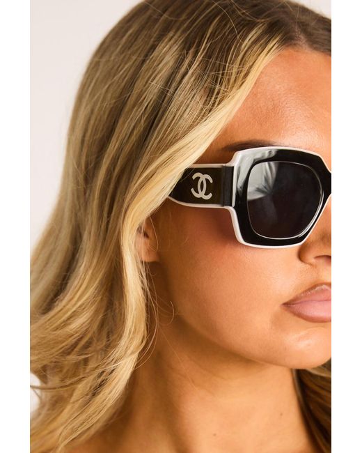 Rebellious Fashion Brown Logo Detail Contrast Trim Square Sunglasses