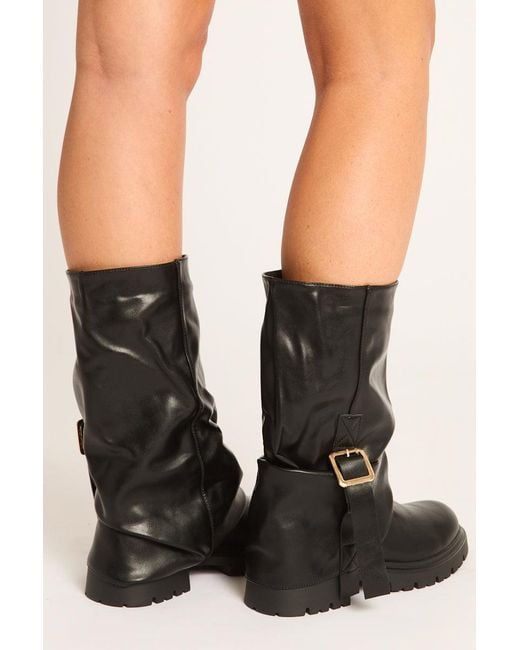 Rebellious Fashion Black Pu Slouchy Layered Buckle Long Biker Boots