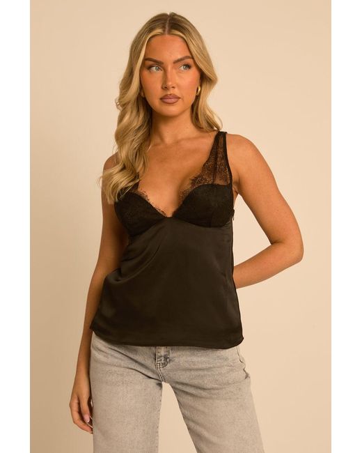 Rebellious Fashion Black Satin Lace Strap Cami Top