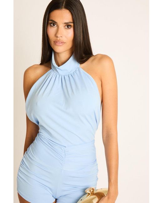 Rebellious Fashion Blue Tie Detail Ruched Halter Playsuit