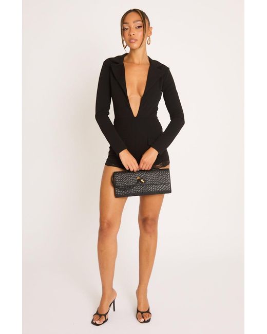 Rebellious Fashion Black Plunge Lace Detail Blazer Playsuit