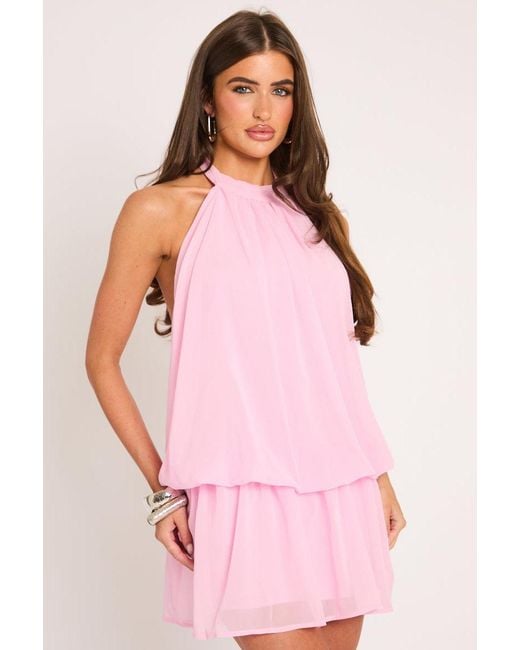Rebellious Fashion Pink Halterneck Blouson Mini Dress
